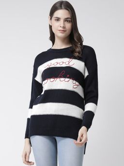 Club York - Women Navy Blue Striped Pullover Sweater