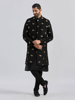 Vastramay - Mens Black Viscose Kurta with Sequined Sherwani and Churidar (Set of 3)