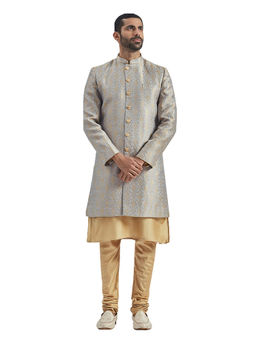 Vastramay - Mens Gray-Cream Silk Blend Woven Kurta with Sherwani and Churidar (Set of 3)