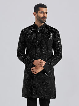 Vastramay - Mens Black Velvet Embroidered Sequined Sherwani