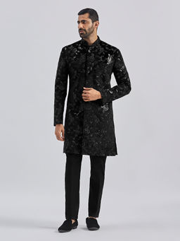 Vastramay - Mens Black Velvet Embroidered Sequined Sherwani with Pant (Set of 2)