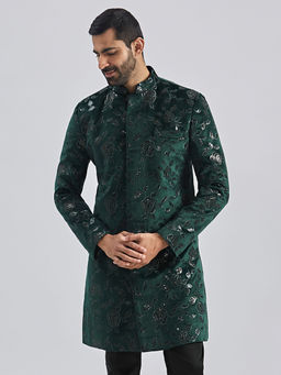 Vastramay - Mens Bottle Green Velvet Embroidered Sequined Sherwani