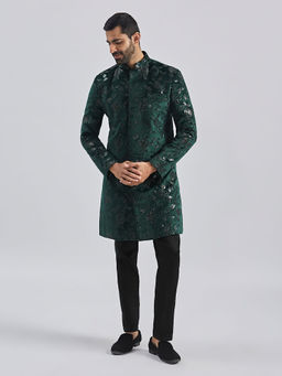 Vastramay - Mens Bottle Green Velvet Embroidered Sequined Sherwani with Pant (Set of 2)