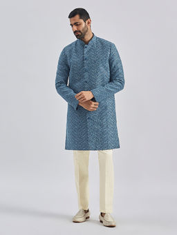 Vastramay - Mens Blue Silk Blend Embroidered Sherwani with Pant (Set of 2)