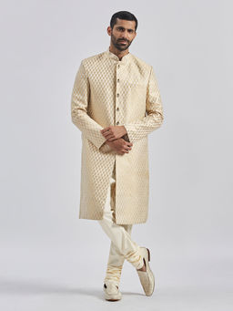Vastramay - Mens Gold Silk Blend Woven Sherwani with Churidar (Set of 2)