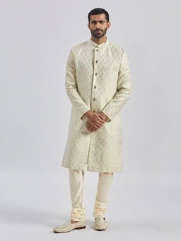 Vastramay - Mens Cream Silk Blend Sherwani with Churidar (Set of 2)
