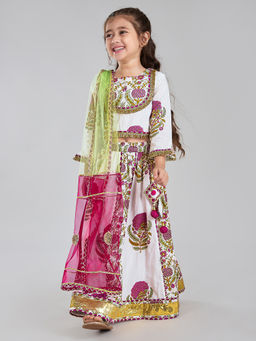 Hopscotch - White Floral Lehenga Choli with Dupatta (Set of 3)