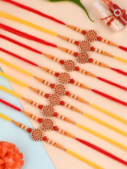 Shoshaa - Red-Yellow Om Bhai Rakhi with Roli & Chawal (Set of 13)