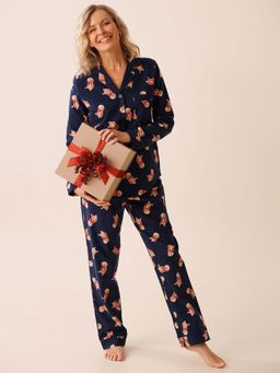 La Vie En Rose - Navy Blue Cotton Shirt with Pyjama