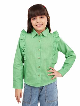 Olele - Girls Parrot Green Full Sleeve Cotton Linen Shirt