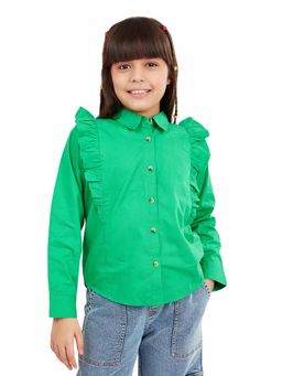 Olele - Girls Dark Green Full Sleeve Cotton Linen Shirt