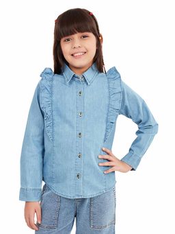 Olele - Girls Light Blue Full Sleeve Linen Denim Shirt