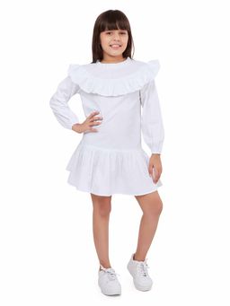 Olele - Girls Bright White Full Sleeves Ruffle Cotton Mini Dress