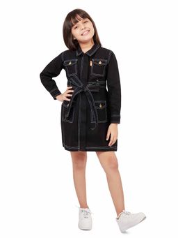 Olele - Girls Black Utility Cotton Full Sleeve Mini Dress with Belt (Set of 2)