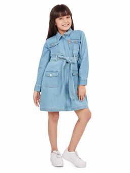 Olele - Girls Blue Utility Cotton Denim Full Sleeve Mini Dress (Set of 2)
