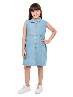 Olele - Girls Light Blue Denim Sleeveless Collar Knee Length Dress
