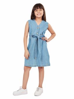 Olele - Girls Light Blue Denim V-Neck Knee Length Dress (Set of 2)