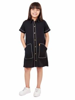 Olele - Girls Black Cotton Short Sleeves Shirt Knee Length Dress
