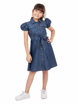 Olele - Girls Indigo Denim Bush Cotton Knee Length Dress with Belt (Set of 2)