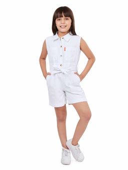 Olele - Girls Romi Bright White Cotton Twill Romper with Belt (Set of 2)