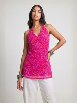 NISHORAMA - Pink Printed Slim Halter Neck Kurti
