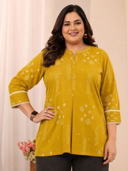 Extra love by Libas - Mustard Printed Straight Mandarin Neck Tunic