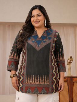 Extra love by Libas - Grey Printed Straight Mandarin Neck Tunic