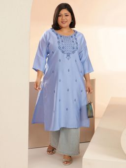 Extra love by Libas - Blue Floral Straight Round Neck Kurta