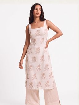 NISHORAMA - White Floral Slim Square Neck Kurta