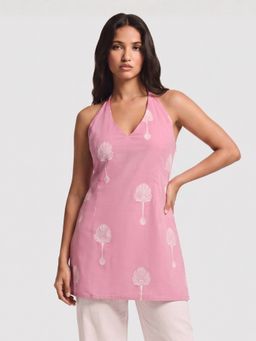 NISHORAMA - Pink Floral Slim Halter Neck Kurti