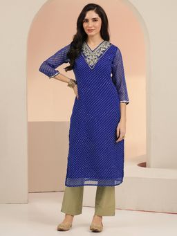 Libas - Blue Embroidered Straight V-Neck Kurta