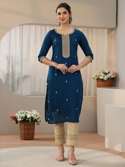 Libas - Teal Embroidered Straight Round Neck Kurta