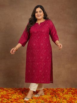 Extra love by Libas - Pink Floral Straight Round Neck Kurta