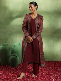 Libas - Maroon Floral Straight Round Neck Kurta with Attached Inner
