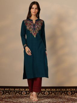 Libas - Teal Embroidered Straight Mandarin Neck Kurta