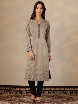 Libas - Grey Woven Straight Mandarin Neck Kurta