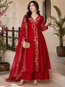SERONA FABRICS - Red Embroidered Regular V-Neck Anarkali Kurta Palazzo & Dupatta
