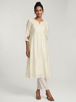 max - Off White Embroidered A-Line Round Neck Kurta