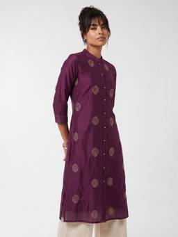 max - Purple Embroidered Straight Mandarin Neck Kurta