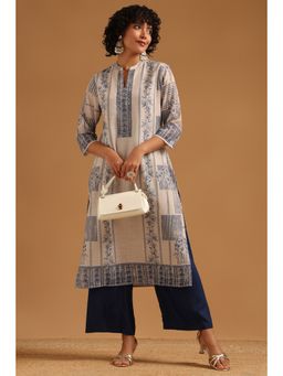 Soch - Beige Floral Regular Mandarin Neck Kurta