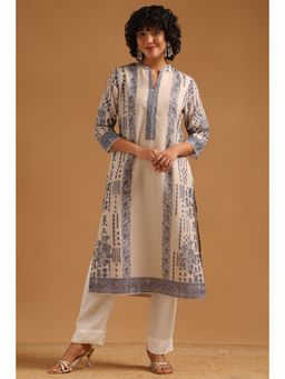 Soch - Beige Floral Regular Mandarin Neck Kurta
