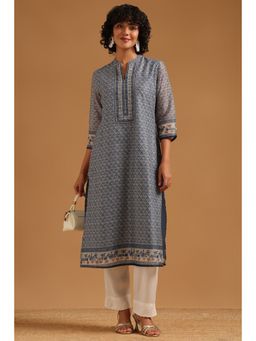 Soch - Blue Floral Straight Mandarin Neck Kurta