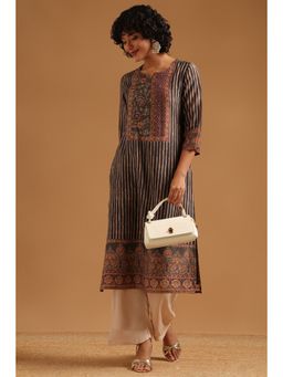 Soch - Grey Stripes Regular Round Neck Kurta