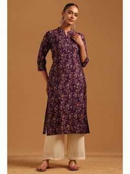 Soch - Purple Floral Straight Mandarin Neck Kurta