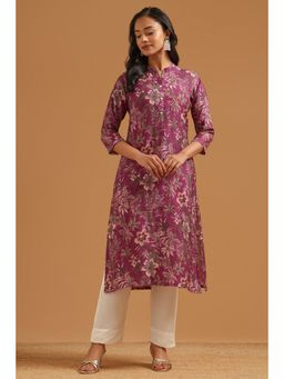 Soch - Purple Floral Straight Mandarin Neck Kurta