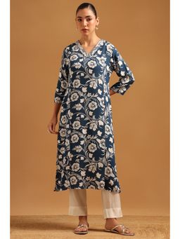 Soch - Teal Floral Regular V-Neck Kurta