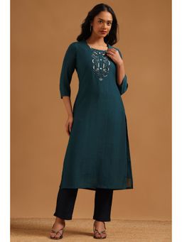Soch - Teal Embroidered Regular Round Neck Kurta