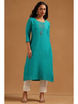 Soch - Teal Embroidered Regular Round Neck Kurta