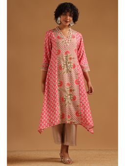 Soch - Pink Floral Regular V-Neck Kurta