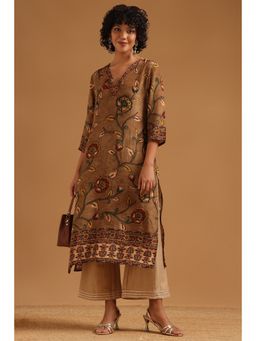Soch - Brown Floral Regular V-Neck Kurta